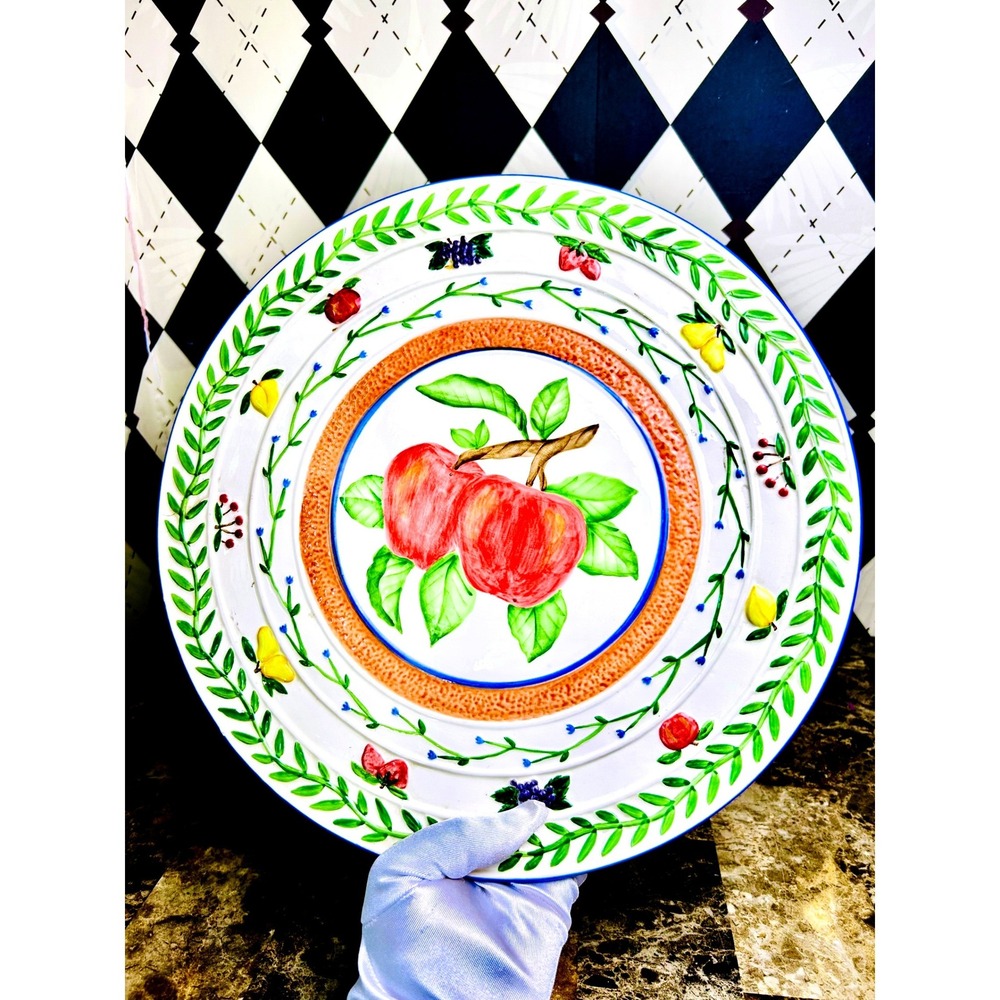 Apple Footed Pedestal‎ Plate Portuguese Hand Painted Fruit Ceramic Cake Stand